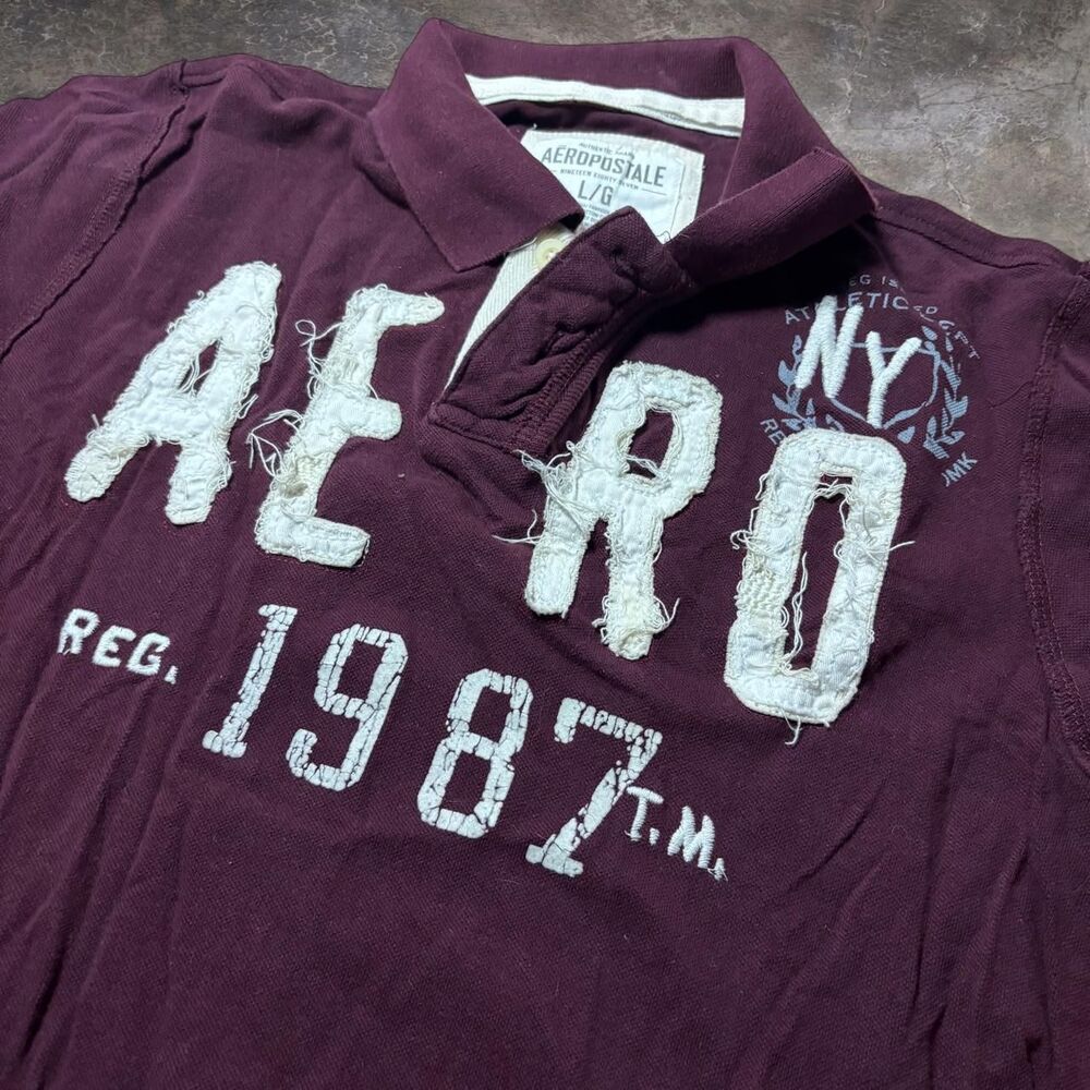 Aéropostale Polo Shirt Men’s S Burgundy Pique AE RO 1987 Graphic Y2K Collared